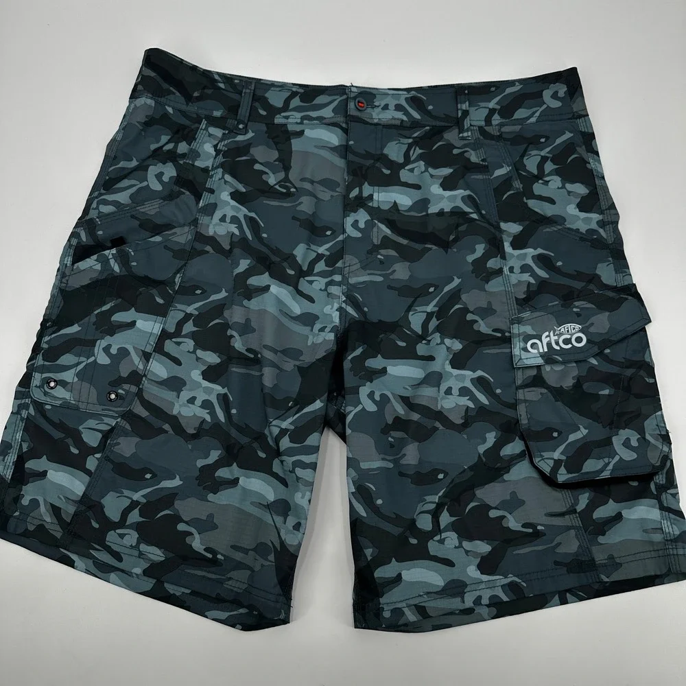 AFTCO Mens Blue Grey Camo Fishing Cargo Shorts Size 40 Stretch Quick Dry Ripstop